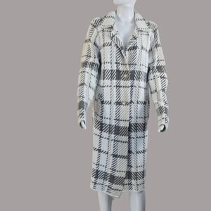 Love + Luxe Womens Large Plaid Longline Cardigan Coat Fuzzy Knit White Grey Tan